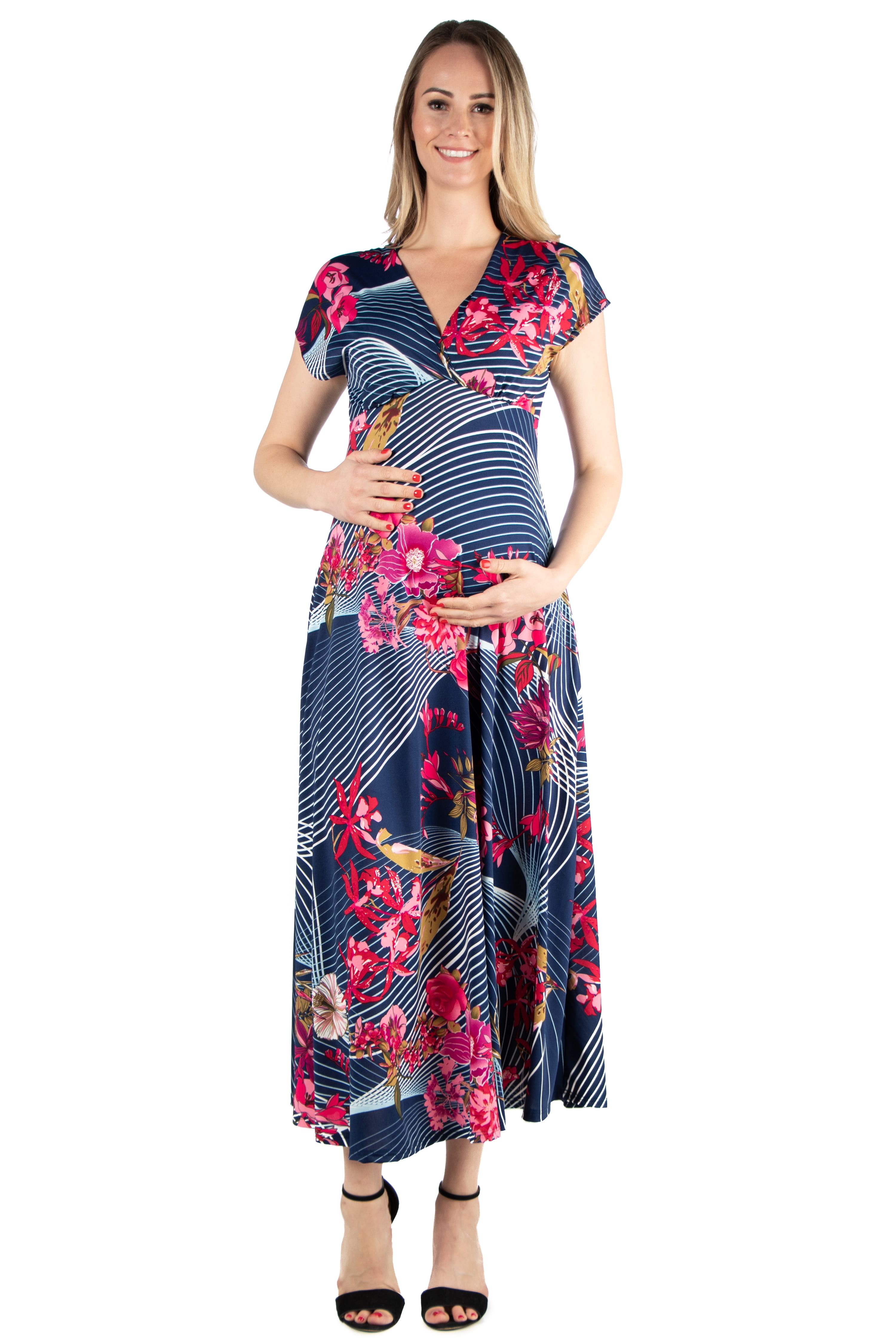 Free Shipping! 24/7 Comfort Apparel Floral Empire Waist V Neck Maternity  Maxi Dress - Navy/Pink - Walmart.com