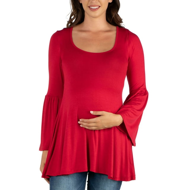 24seven Comfort Apparel Long Bell Sleeve Flared Maternity Tunic Top
