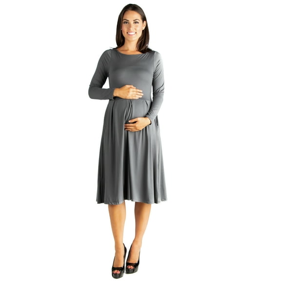 24seven Comfort Apparel Long Sleeve Fit and Flare Maternity Midi Dress