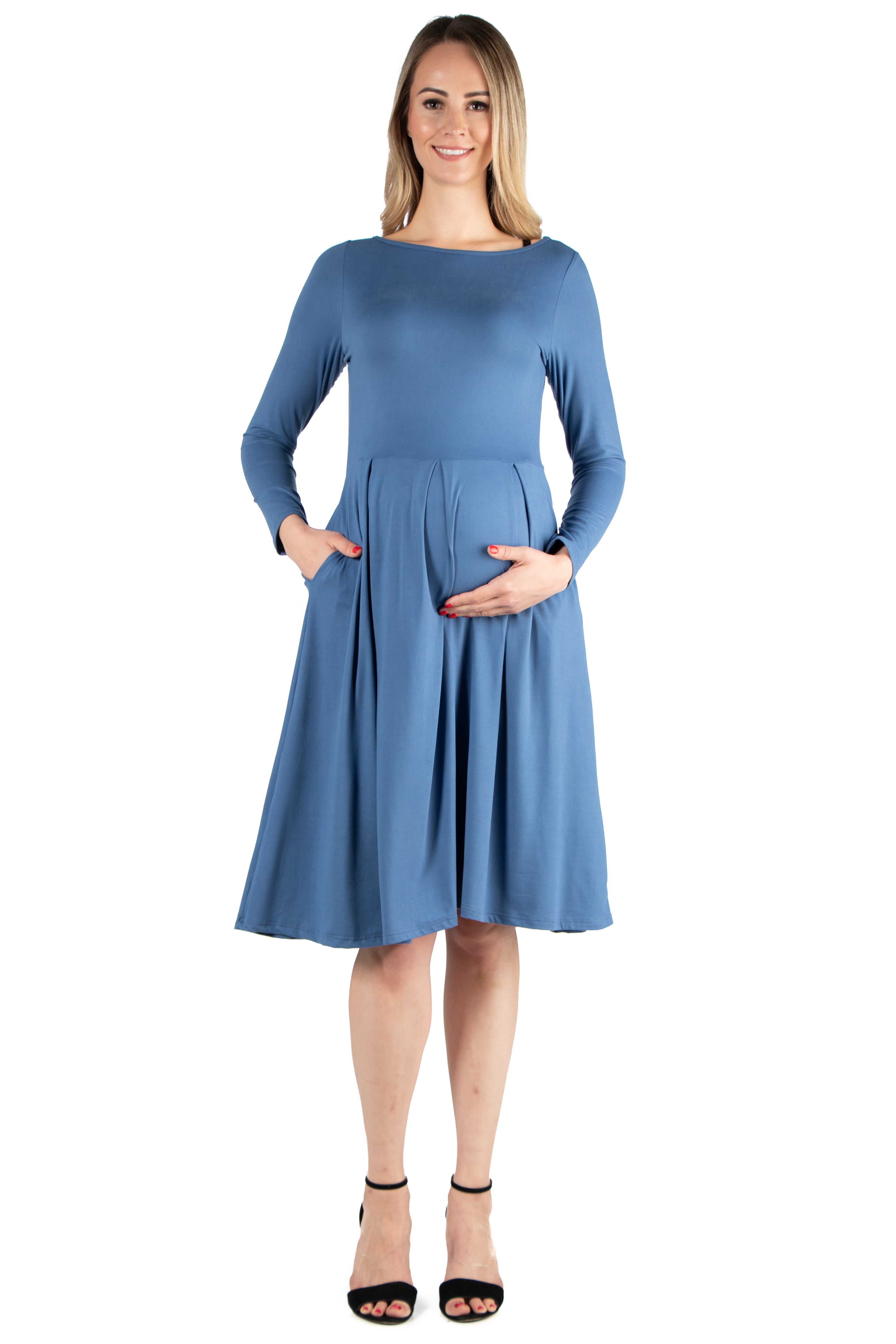 24seven Comfort Apparel Long Sleeve Fit and Flare Maternity Midi Dress -  Walmart.com