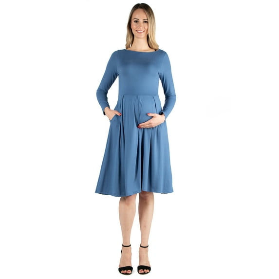 24seven Comfort Apparel Long Sleeve Fit and Flare Maternity Midi Dress