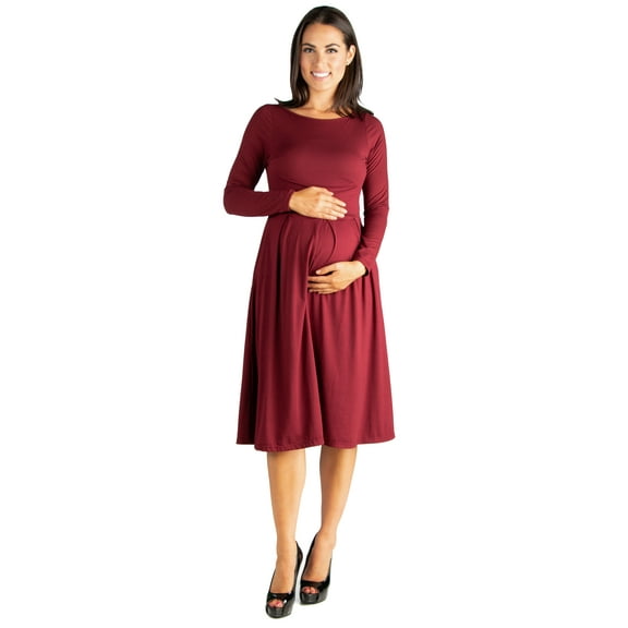 24seven Comfort Apparel Long Sleeve Fit and Flare Maternity Midi Dress