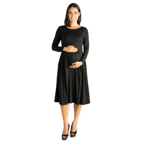 24seven Comfort Apparel Long Sleeve Fit and Flare Maternity Midi Dress