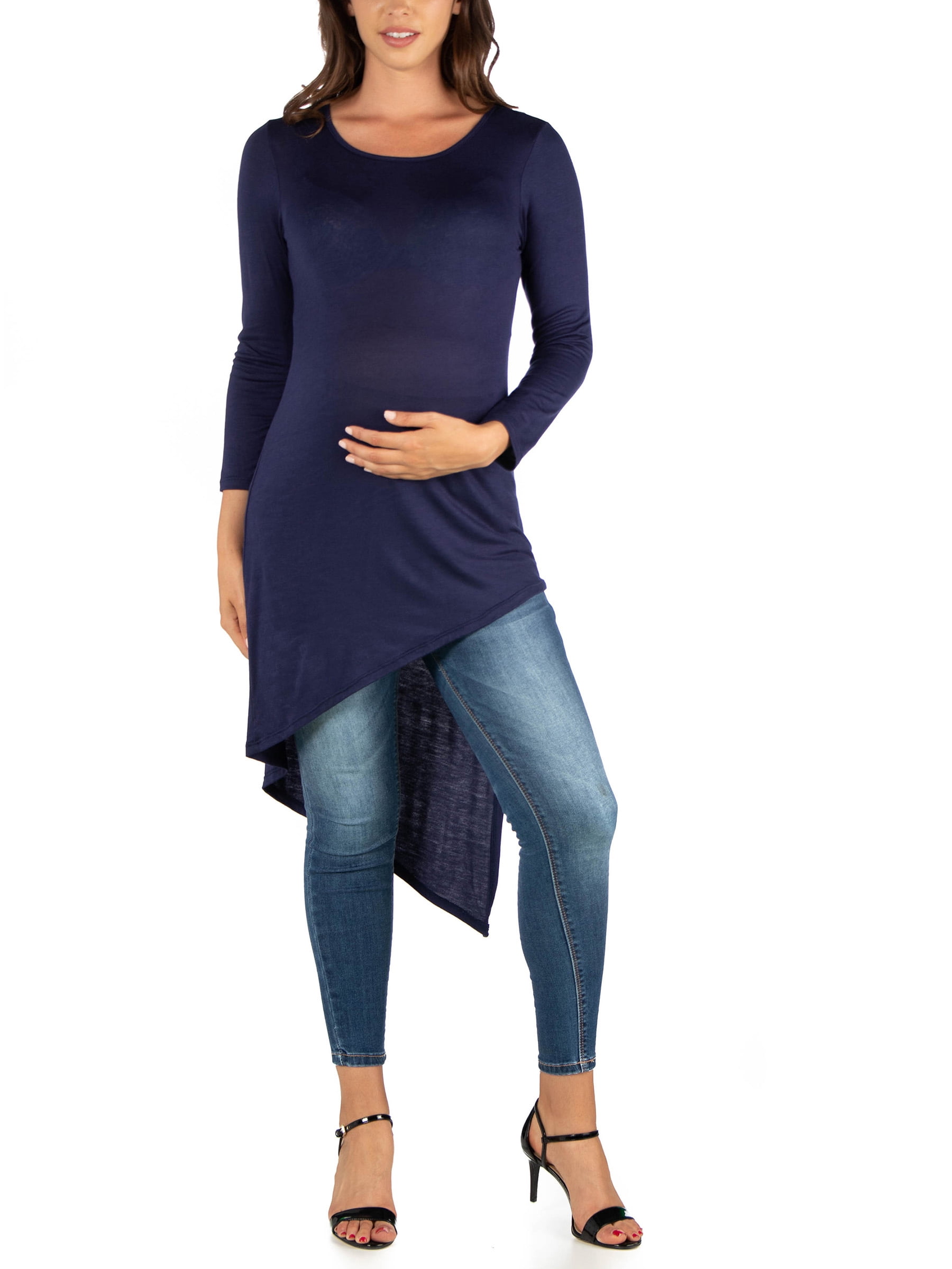 24seven Comfort Apparel Long Sleeve Knee Length Asymmetrical Maternity Tunic Top