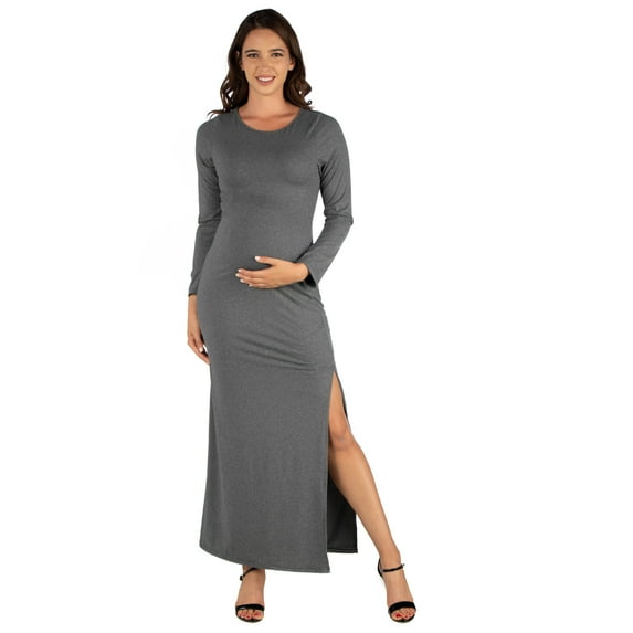 24seven Comfort Apparel Long Sleeve Side Slit Fitted Black Maternity Maxi Dress