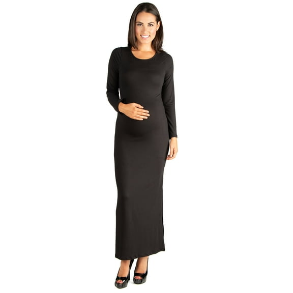 24seven Comfort Apparel Long Sleeve Side Slit Fitted Black Maternity Maxi Dress