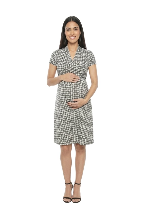 Apparel Maternity Geometric Short Sleeve Faux Wrap A Line Dress