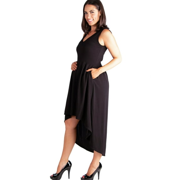 24seven Comfort Apparel Modern Classic High Low Maternity Little Black Dress with Pocket