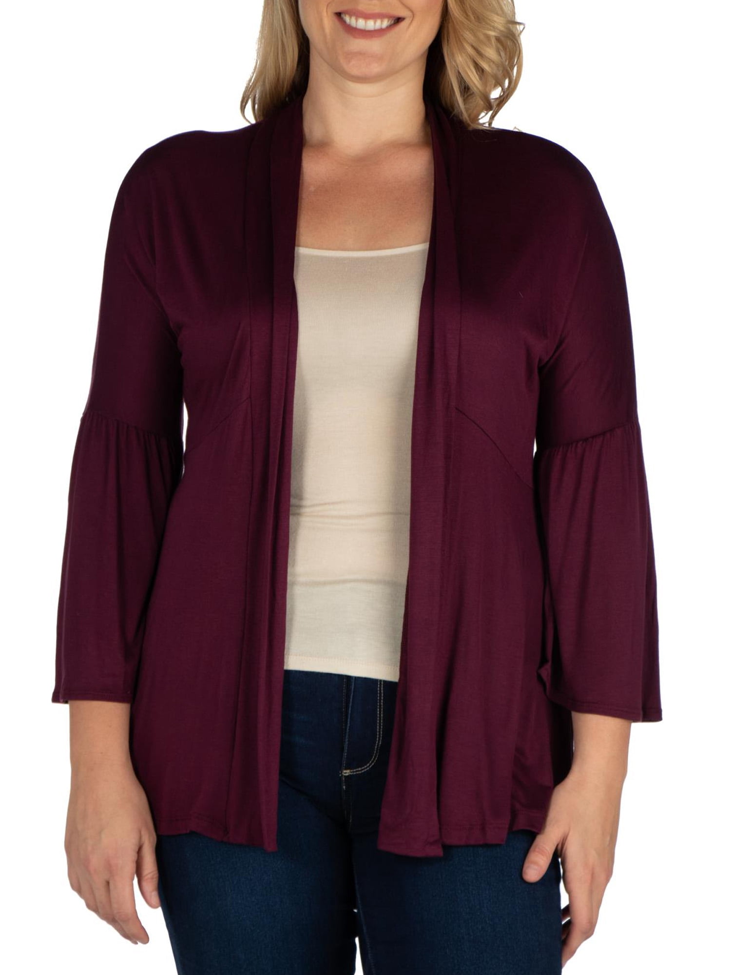 24seven Comfort Apparel Plus Size Bell Sleeve Flared Open Front Cardigan