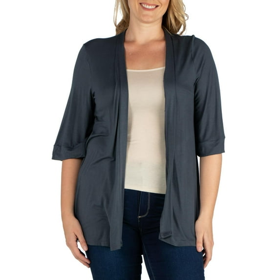 24seven Comfort Apparel Plus Size Elbow Length Sleeve Open Front Cardigan