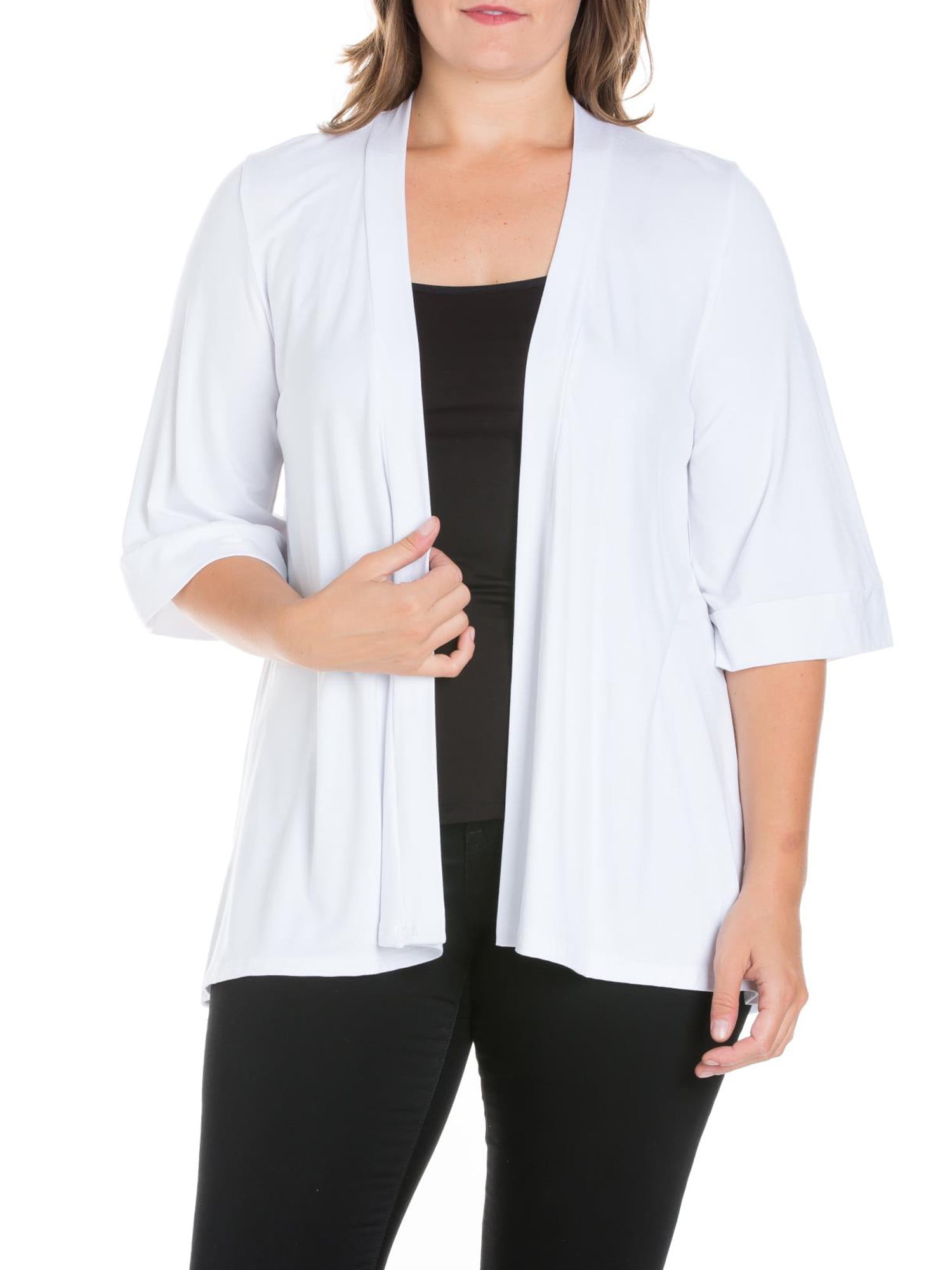 24seven Comfort Apparel Plus Size Elbow Length Sleeve Open Front Cardigan