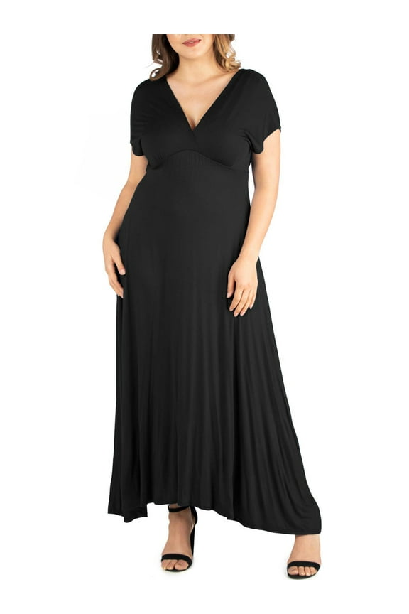 24seven Comfort Apparel Plus Size Empire Waist V Neck Maxi Dress
