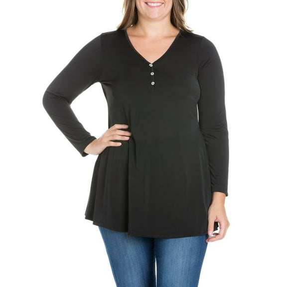 24seven Comfort Apparel Plus Size Flared Long Sleeve Henley Tunic Top