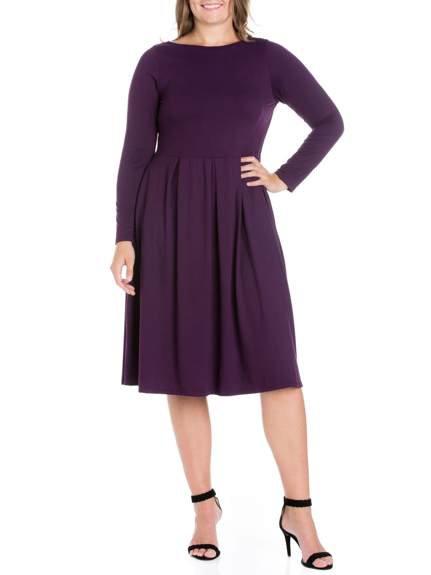 24seven Comfort Apparel Plus Size Long Sleeve Fit and Flare Midi Dress