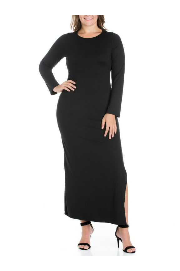 24seven Comfort Apparel Plus Size Long Sleeve Side Slit Fitted Black Maxi Dress