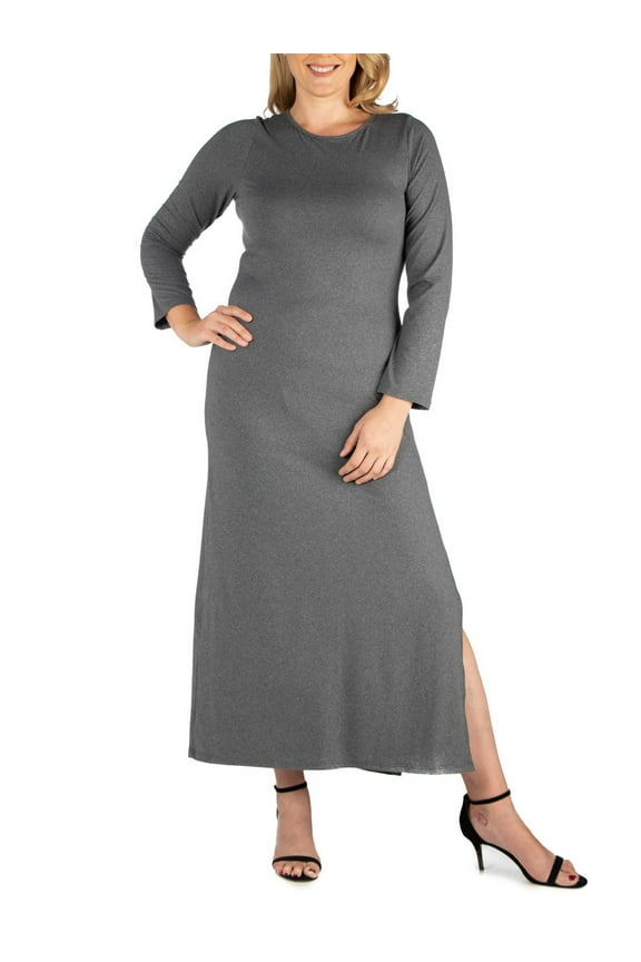 24seven Comfort Apparel Plus Size Long Sleeve Side Slit Fitted Black Maxi Dress