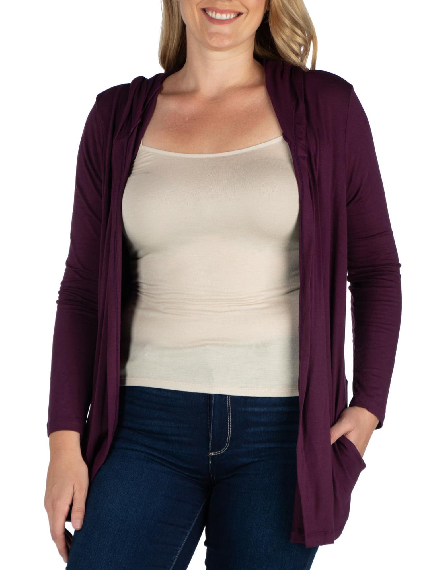 24seven Comfort Apparel Plus Size Open Front Lightweight Hooded Cardigan