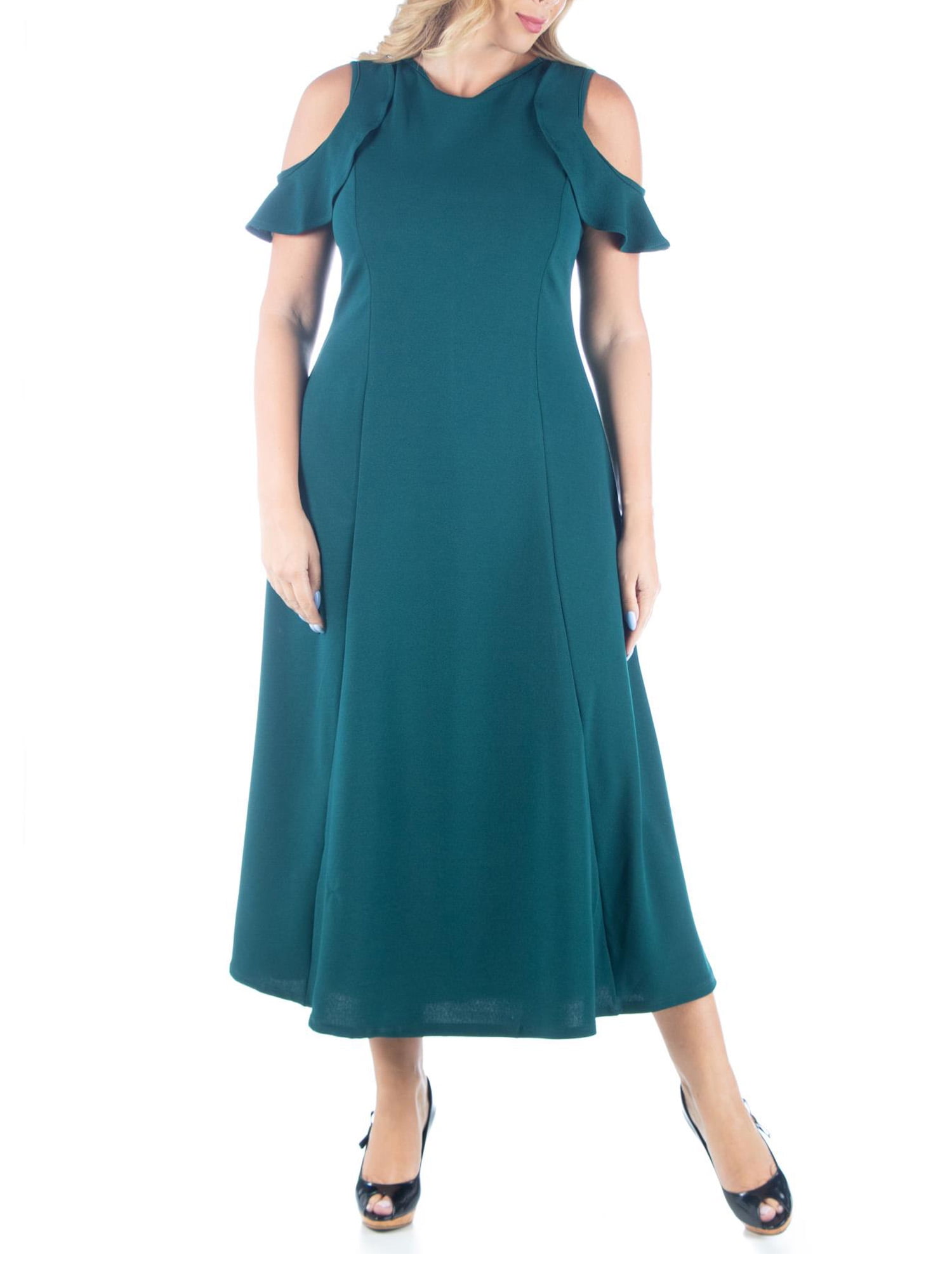 24seven Comfort Apparel Plus Size Ruffle Cold Shoulder A Line Maxi Dress