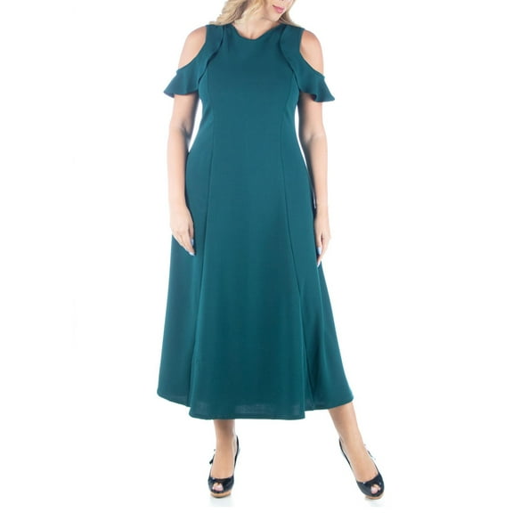24seven Comfort Apparel Plus Size Ruffle Cold Shoulder A Line Maxi Dress