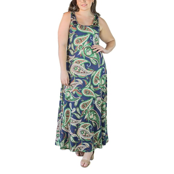 24seven Comfort Apparel Plus Size Simple A Line Tank Maxi Dress Navy Multi 2X