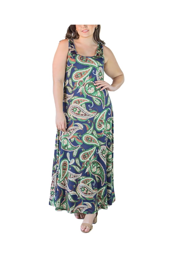 24seven Comfort Apparel Plus Size Simple A Line Tank Maxi Dress Navy Multi 2X