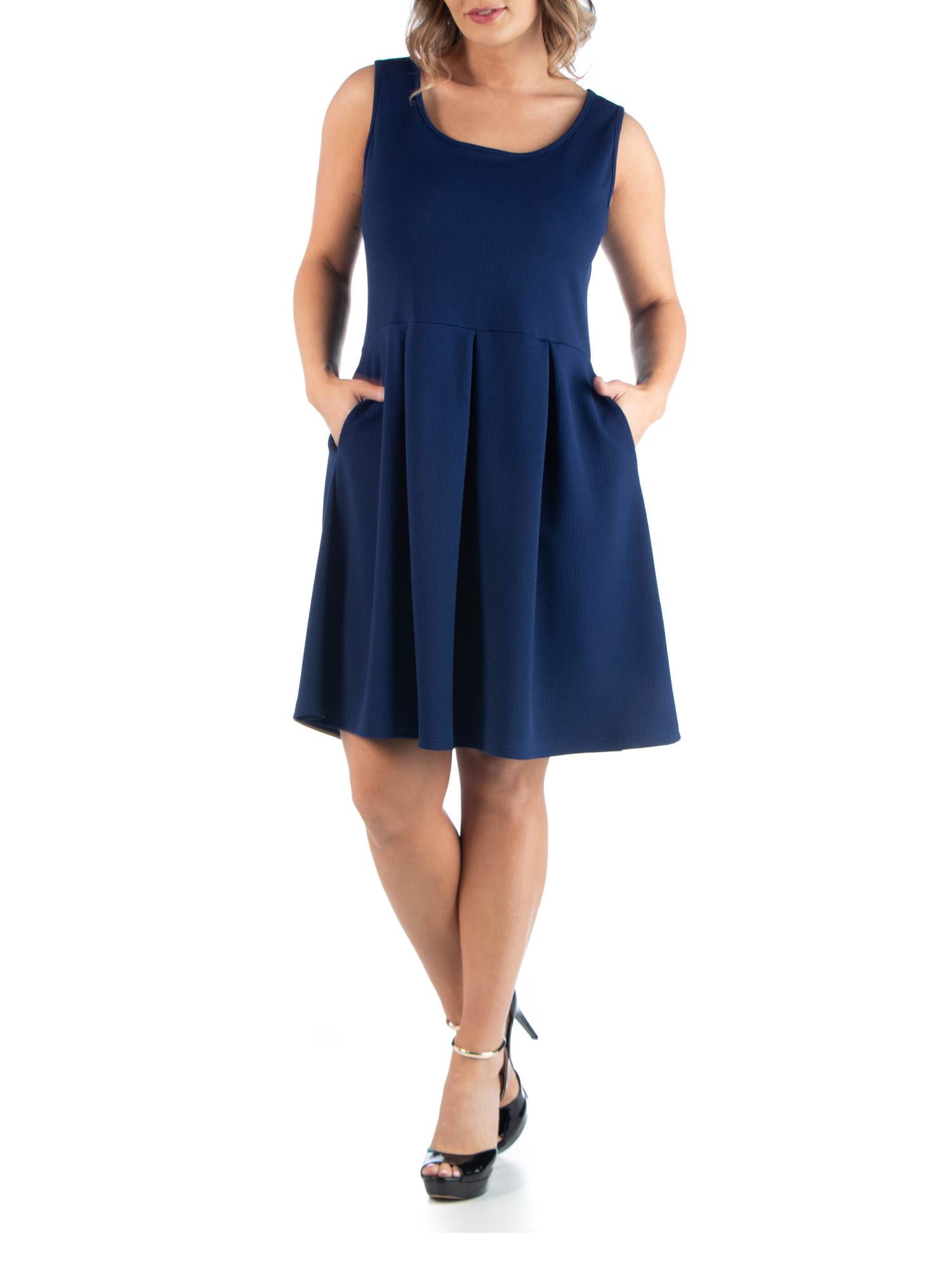 24seven Comfort Plus Size Women's Sleeveless Pleated Midi Dress With Pockets - V-Neck, Fit & Flare (1X-3X)