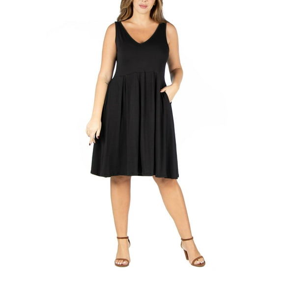 24seven Comfort Apparel Plus Size Sleeveless Midi Fit and Flare Pocket Dress