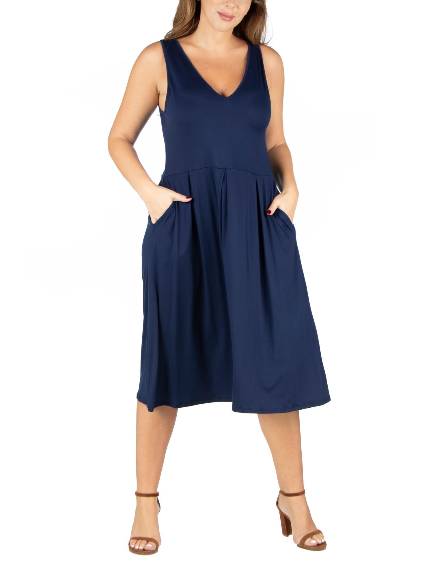 24seven Comfort Apparel Plus Size Sleeveless Midi Fit and Flare Pocket Dress