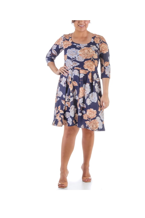 24seven Comfort Apparel Plus Size Three Quarter Sleeve Dress Navy, Brown Multi 1X