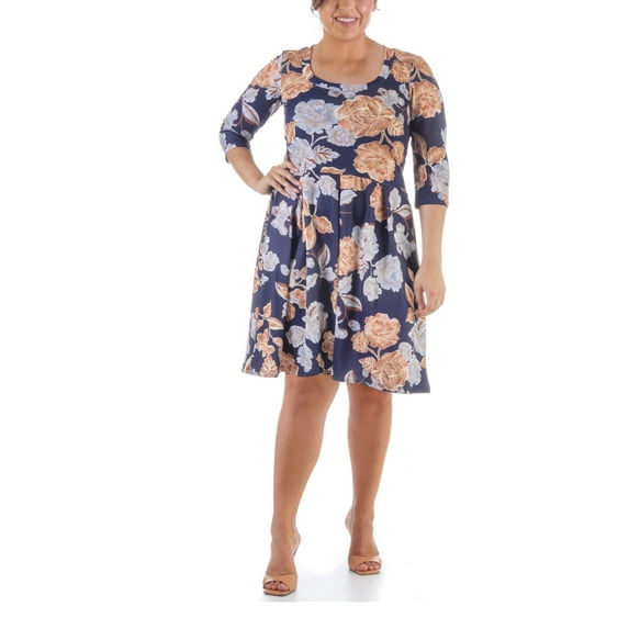 24seven Comfort Apparel Plus Size Three Quarter Sleeve Dress Navy, Brown Multi 1X