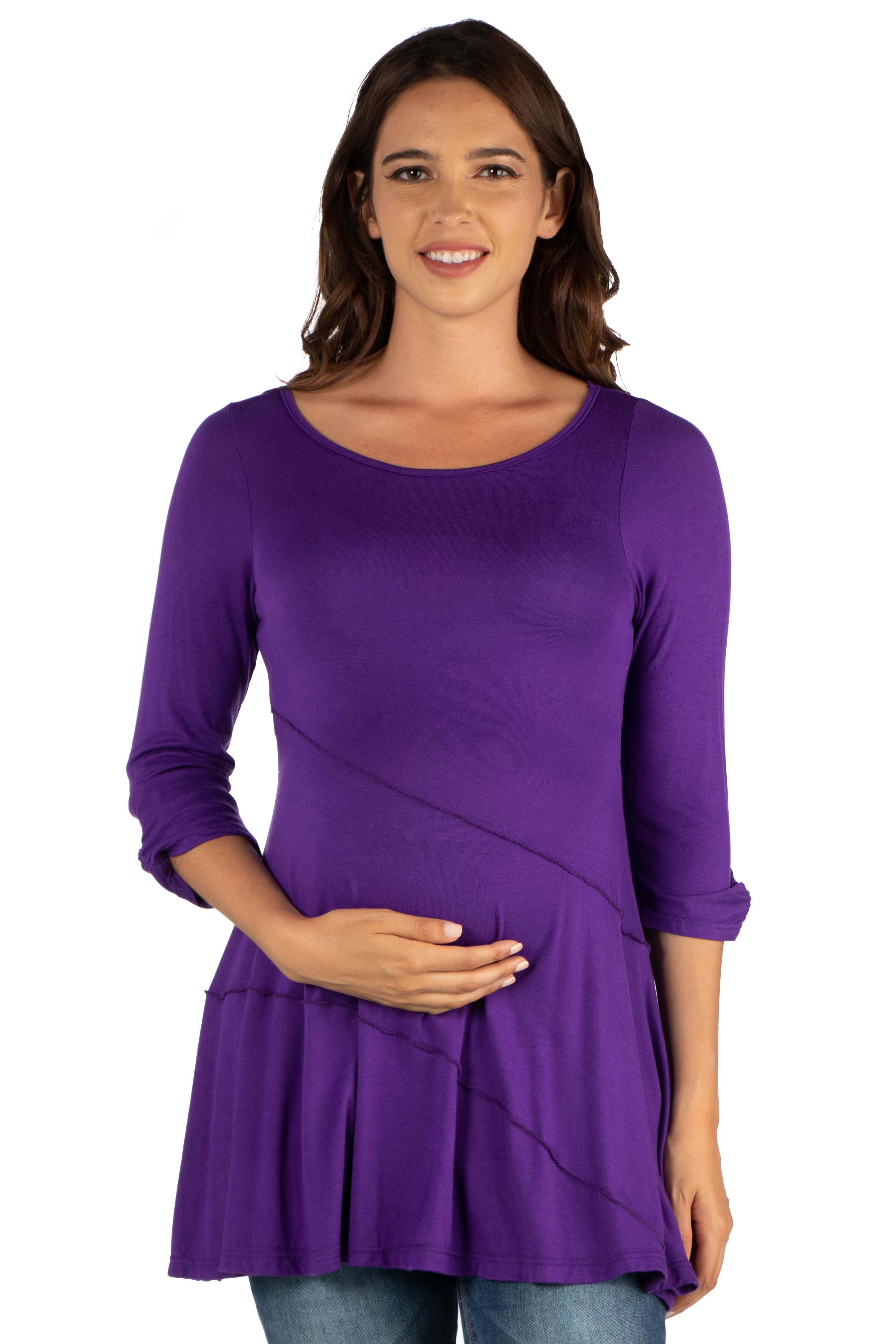 24seven Comfort Apparel Ruched Sleeve Swing Maternity Tunic Top