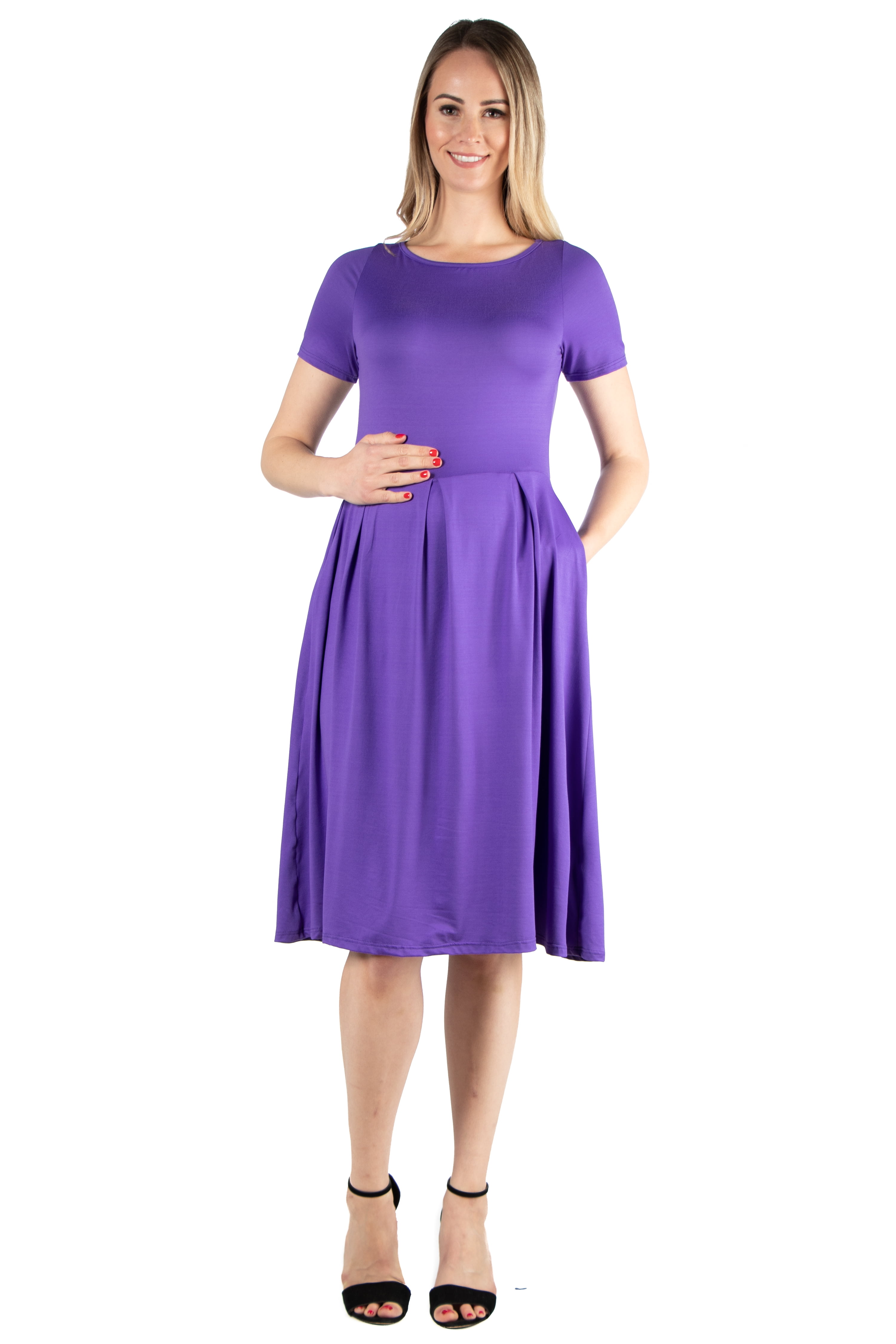 24seven Comfort Apparel Short Sleeve Maternity Midi Skater Dress With Pockets