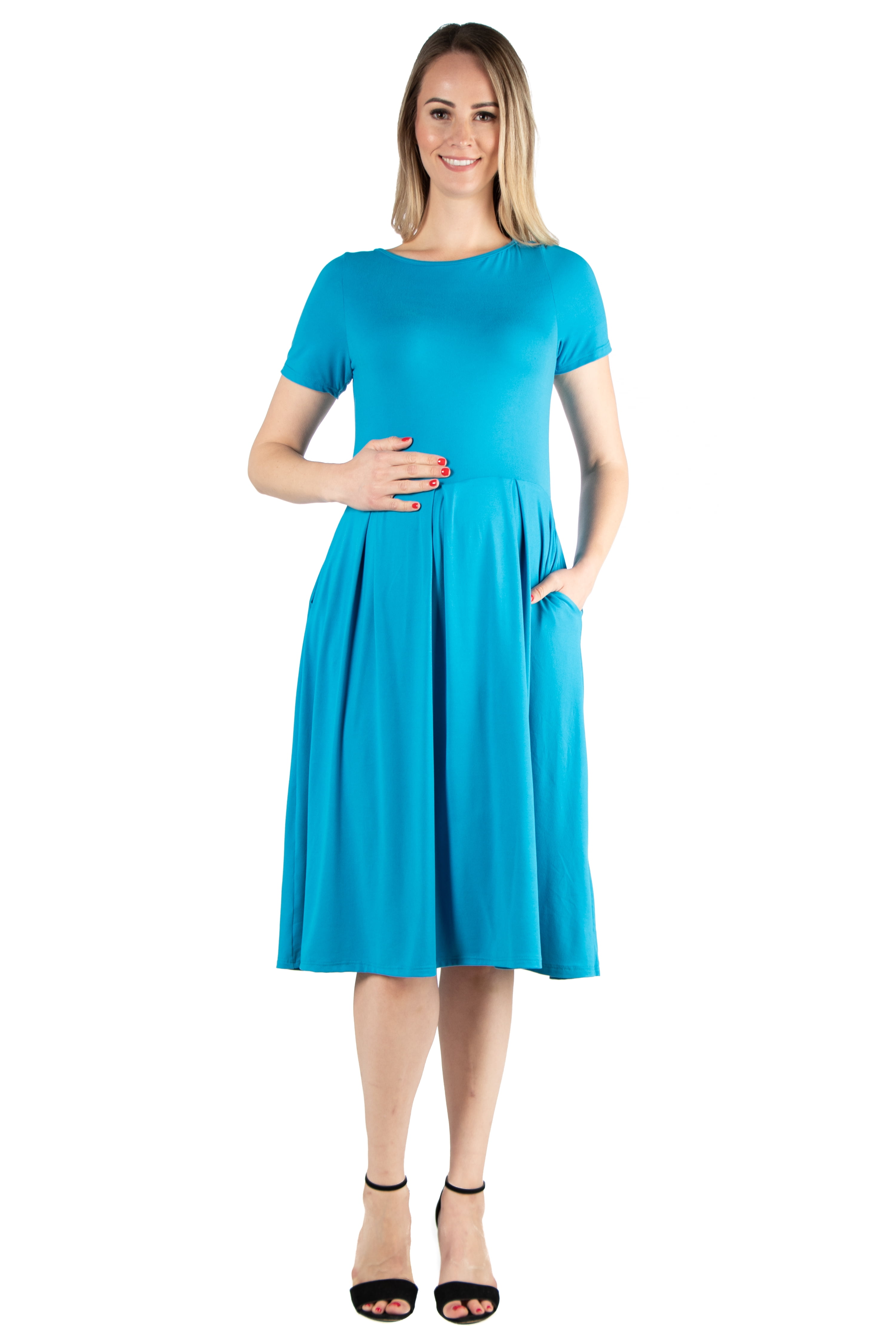 24seven Comfort Apparel Short Sleeve Maternity Midi Skater Dress With  Pockets - Walmart.com
