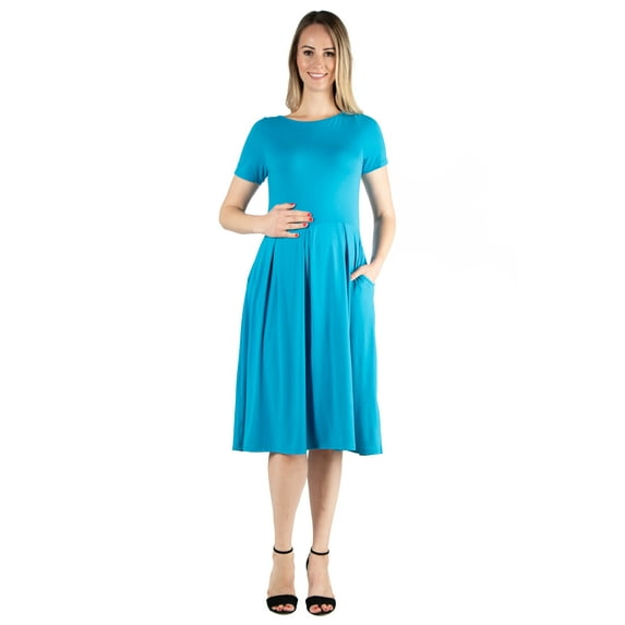 24seven Comfort Apparel Short Sleeve Maternity Midi Skater Dress With Pockets