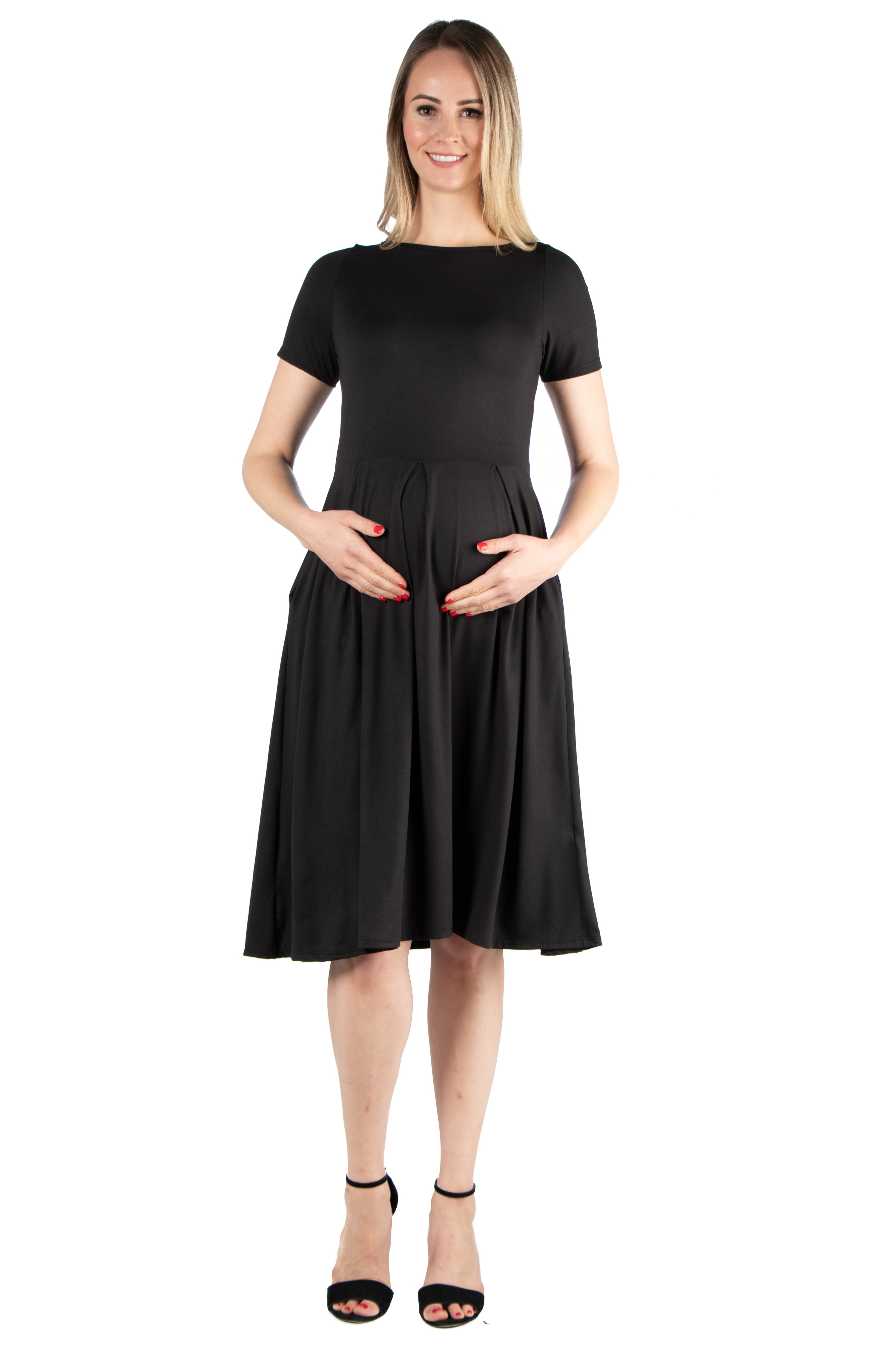 24seven Comfort Apparel Short Sleeve Maternity Midi Skater Dress With Pockets