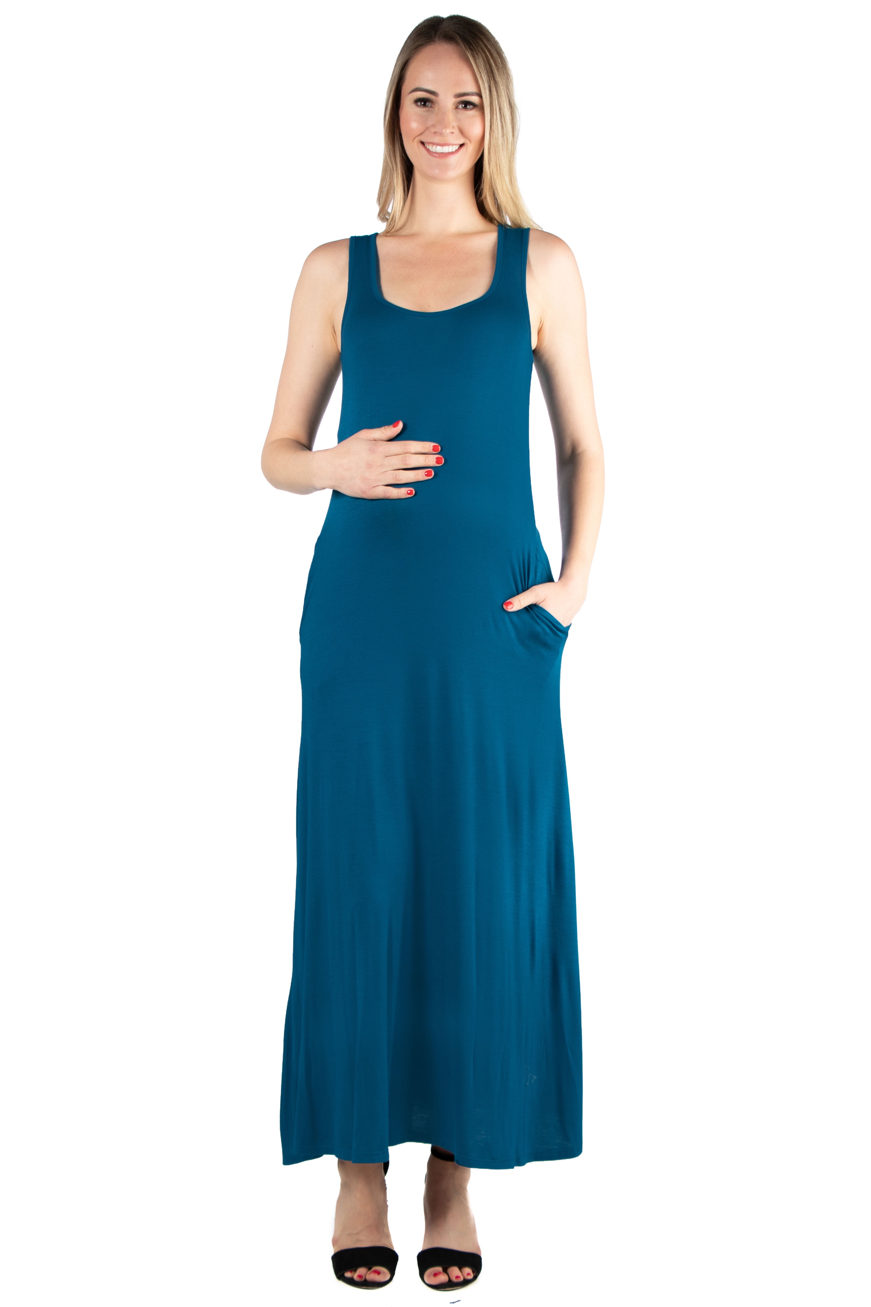 24seven Comfort Apparel Sleeveless Tank Maternity Maxi Dress with Pockets