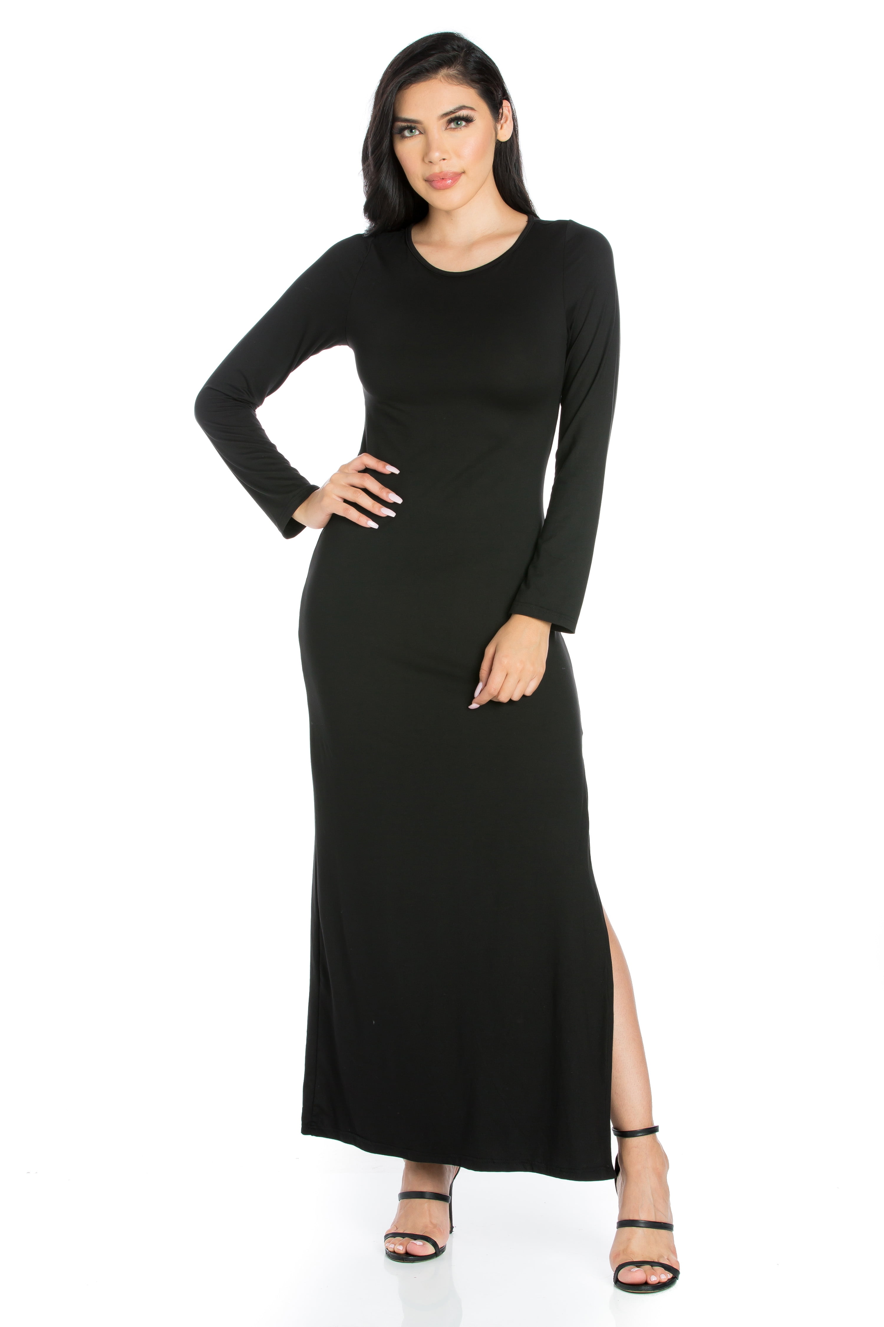 24seven Comfort Apparel Strut It Black Long Sleeve Side Slit Maxi Dress ...