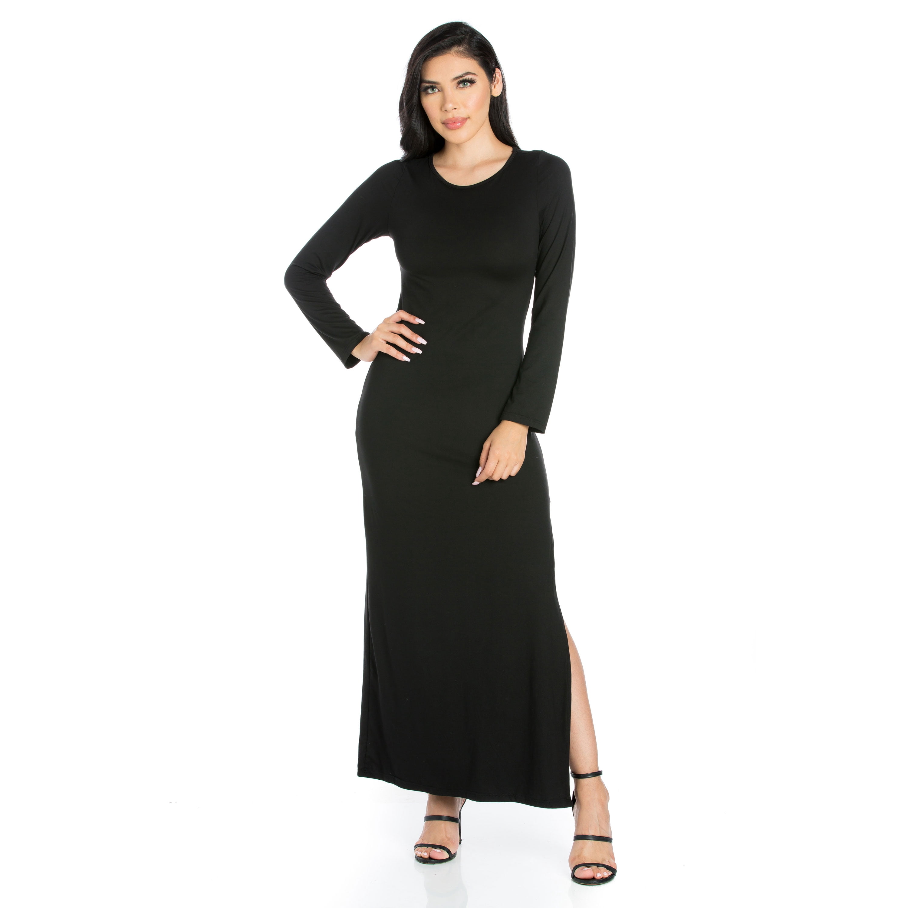 24seven Comfort Apparel Strut It Black Long Sleeve Side Slit Maxi Dress