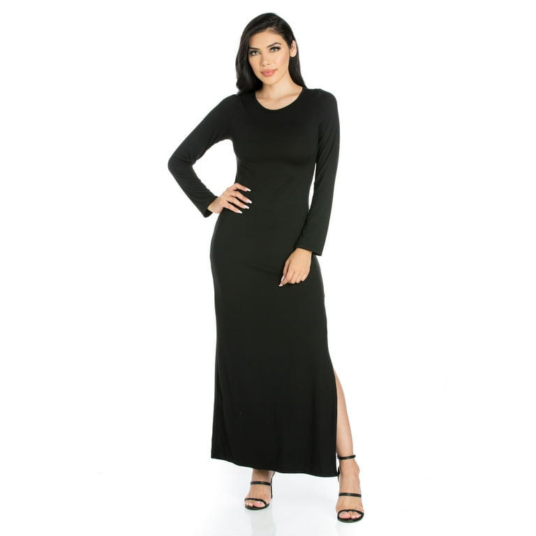 24seven Comfort Apparel Strut It Black Long Sleeve Side Slit Maxi
