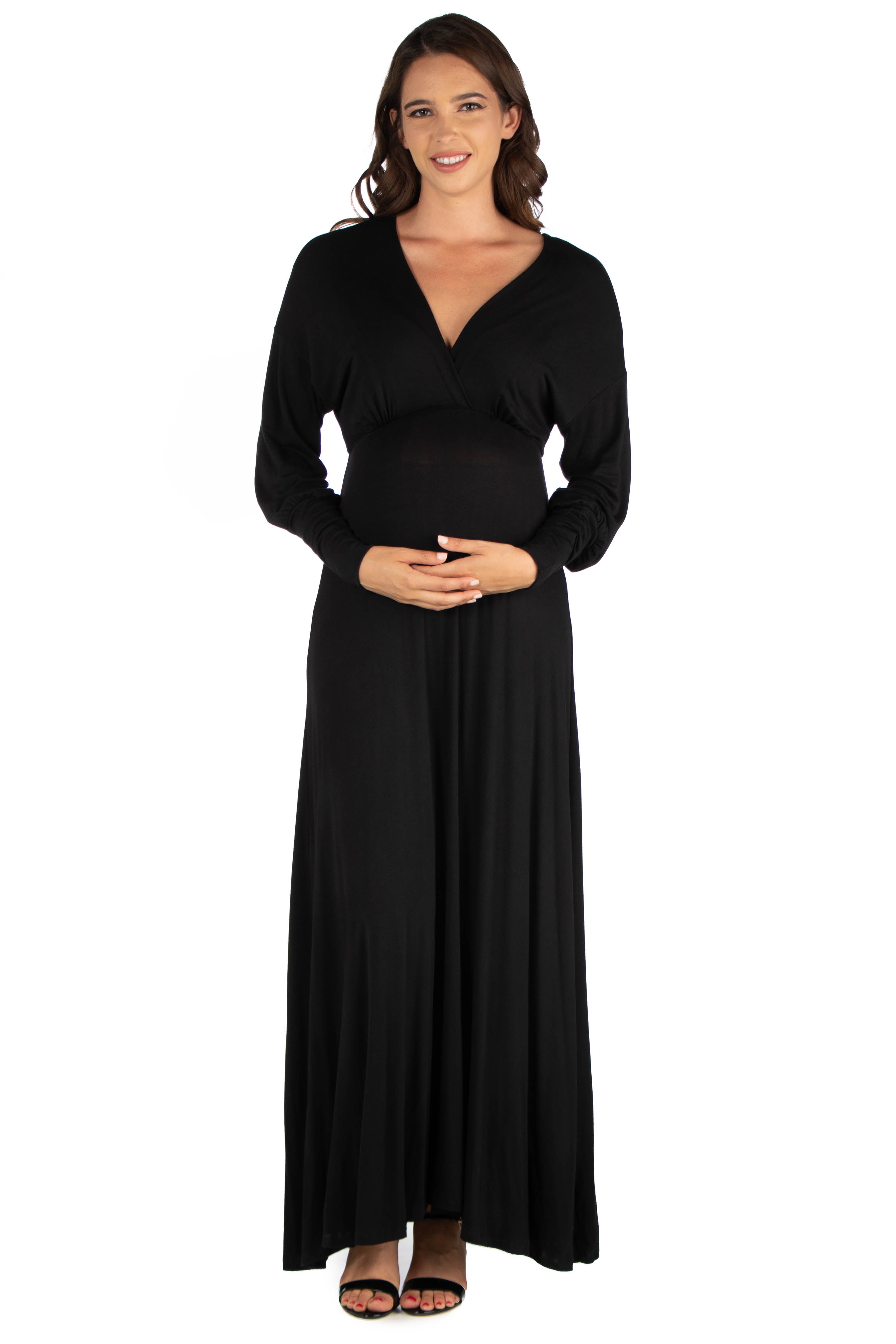 knee length dresses for ladies Tie Neck Long Sleeve Maternity Maxi Dress For Photoshoot – Glamix Maternity main image 0