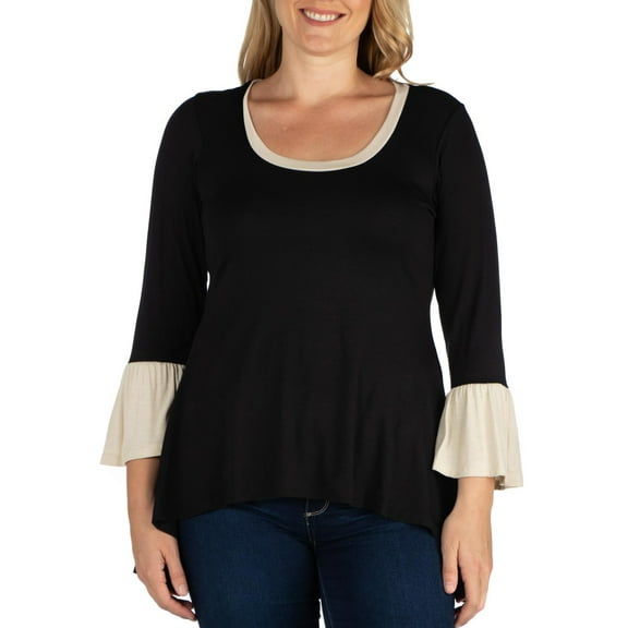 24seven Comfort Apparel Women's Plus Size Black and Beige Bell Sleeve Hi Low Tunic Top