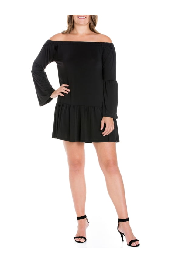 24seven Comfort Apparel Women's Plus Size Fearless Off the Shoulder Bell Sleeve Mini Dress