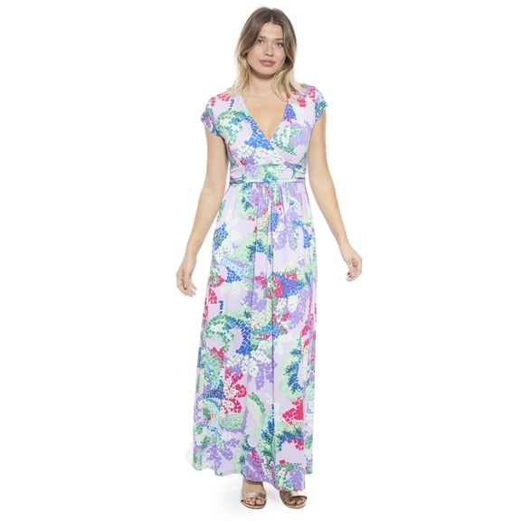 24seven Comfort Apparel Womens Abstract V Neck Cap Sleeve Side Slit Pocket A Line Maxi Dress