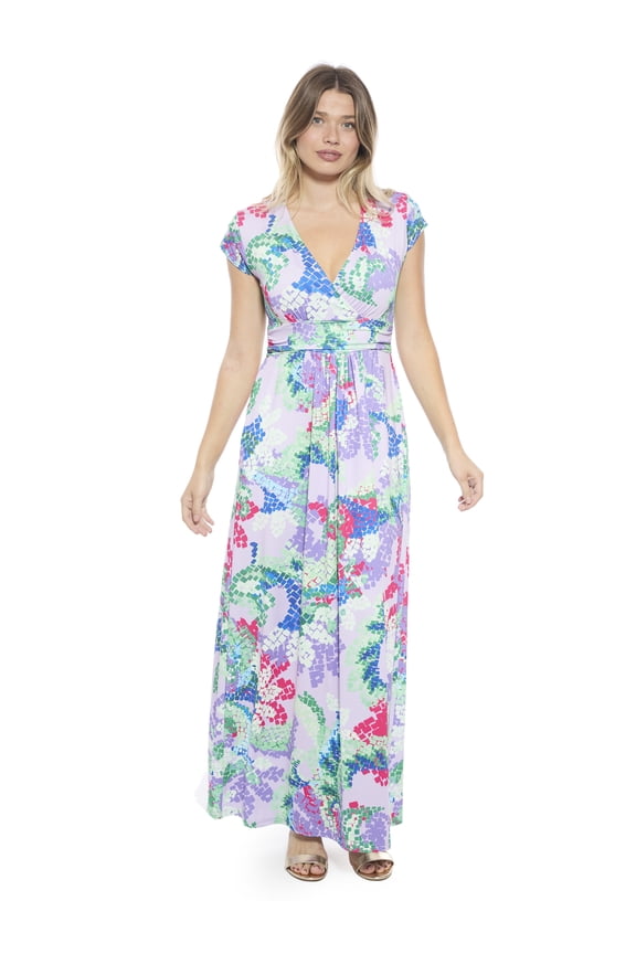 Apparel Womens Abstract V Neck Cap Sleeve Side Slit Pocket A Line Maxi Dress