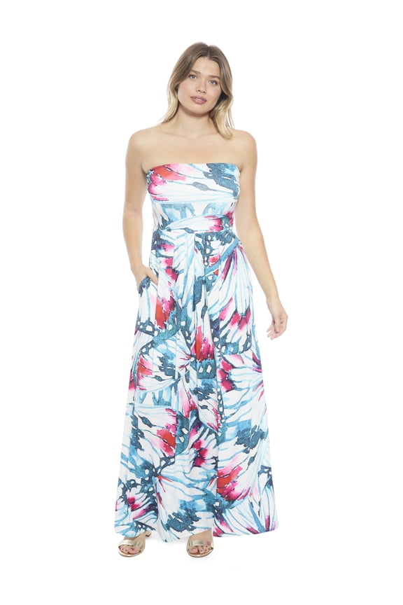 Apparel Womens Butterfly A Line Strapless Pocket Maxi Dress