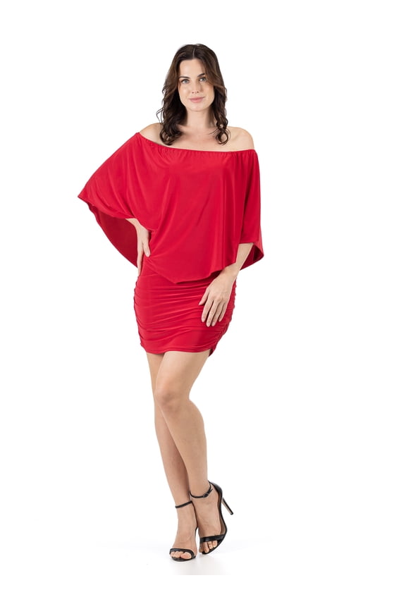 24seven Comfort Apparel Womens Convertible Bodycon Mini Dress Ruffled Sleeve-R0066297-RED-S