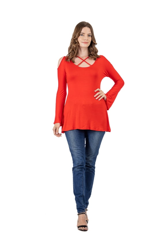 24seven Comfort Apparel Womens Criss Cross Cold Shoulder Long Sleeve Top-R0062011-RED-XL