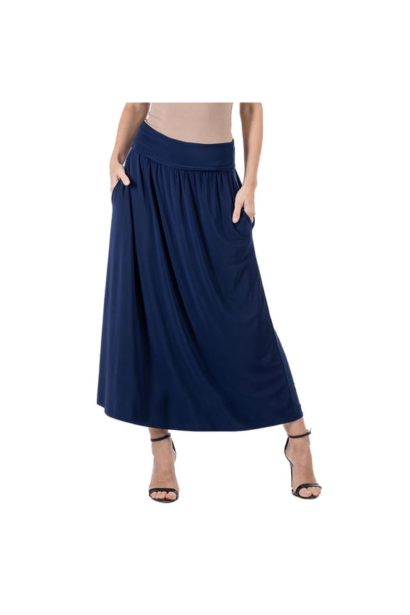 24seven Comfort Apparel Womens Foldover Maxi Skirt With Pockets-R006570-NAVY-L