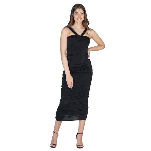 24seven Comfort Apparel Womens Halter Cross Neck Ruched Bodycon Mid Dress-R0066308-BLAC-S