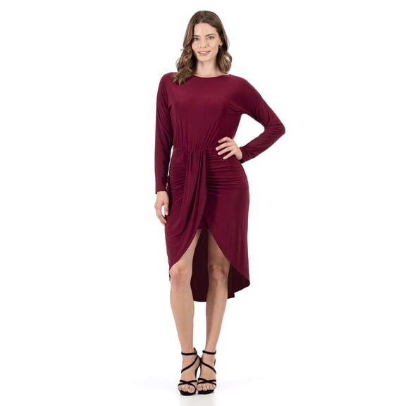 24seven Comfort Apparel Womens Long Sleeve Dressy Tulip Skirt Knee Length Dress-R0066301-BURG-S